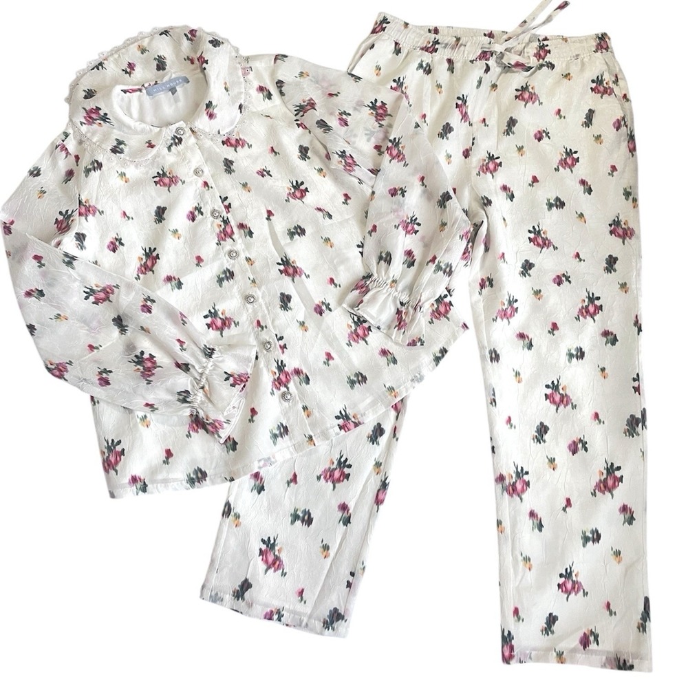 HILL HOUSE HOME The Going Out Pajama‎ 2 Piece Set M Ivory Ikat Floral MSRP $150